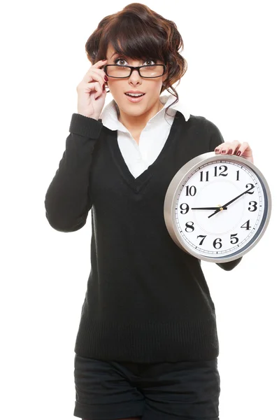 Estúdio tiro de mulher em óculos com relógio — Fotografia de Stock