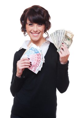 dolar ve euro tutan mutlu iş kadını