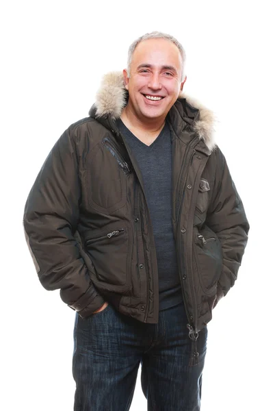 Rindo homem sênior em casaco de inverno — Fotografia de Stock