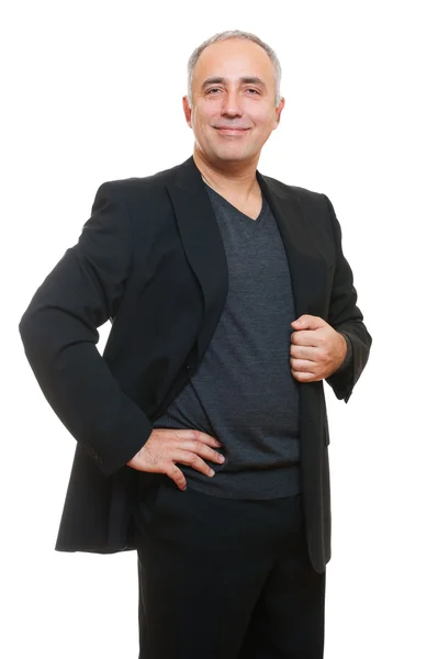 Homem sênior feliz em terno preto — Fotografia de Stock