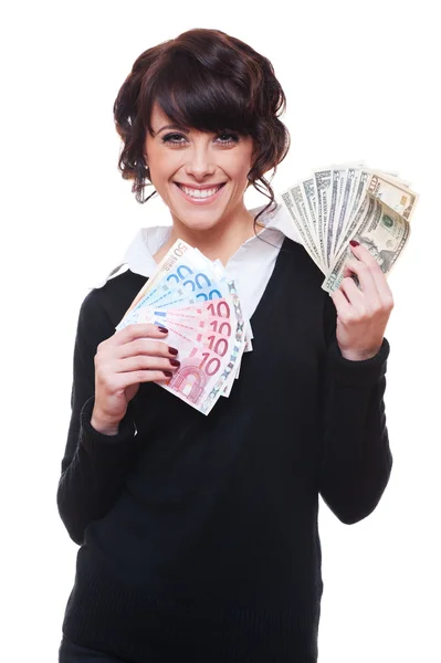 Счастливая деловая женщина с долларами и евро — стоковое фото