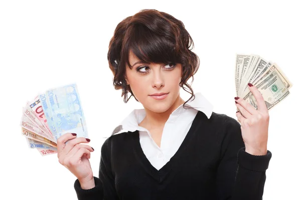 Femme d'affaires avec billets en euros et en dollars — Photo