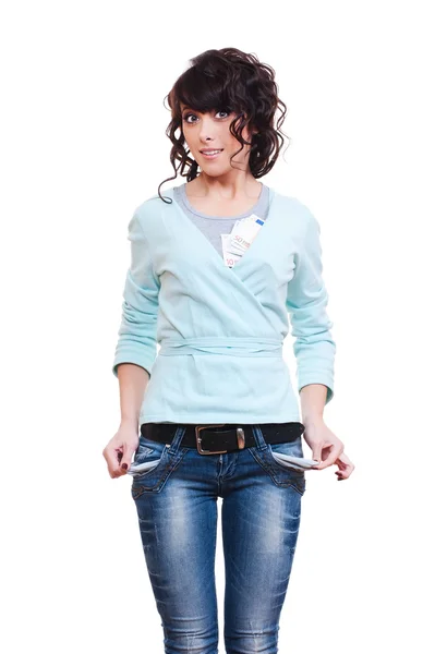 Woman showing empty pockets — Stock Photo, Image