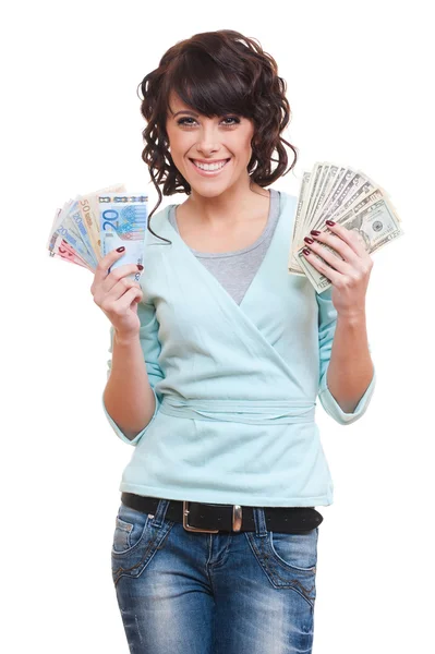 Жінка тримає долари і євро — стокове фото