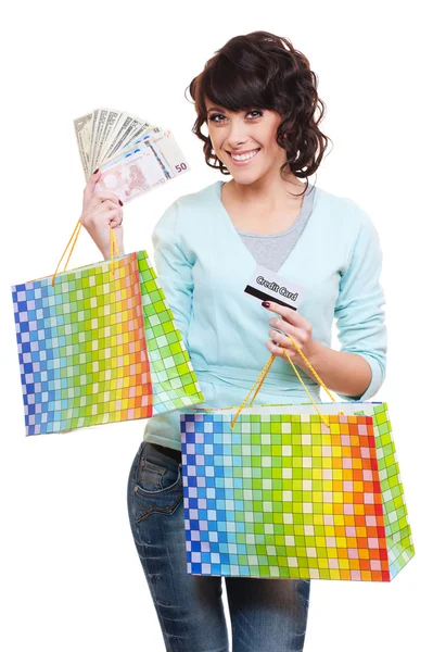 Femme tenant des sacs à provisions d'argent — Photo