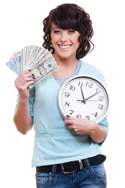 Smiley young woman holding money and clock — Stock Photo, Image