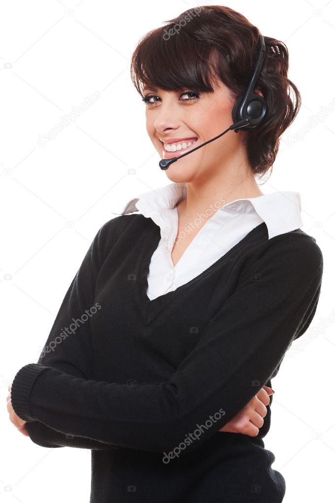 Smiley telephone operator over white background
