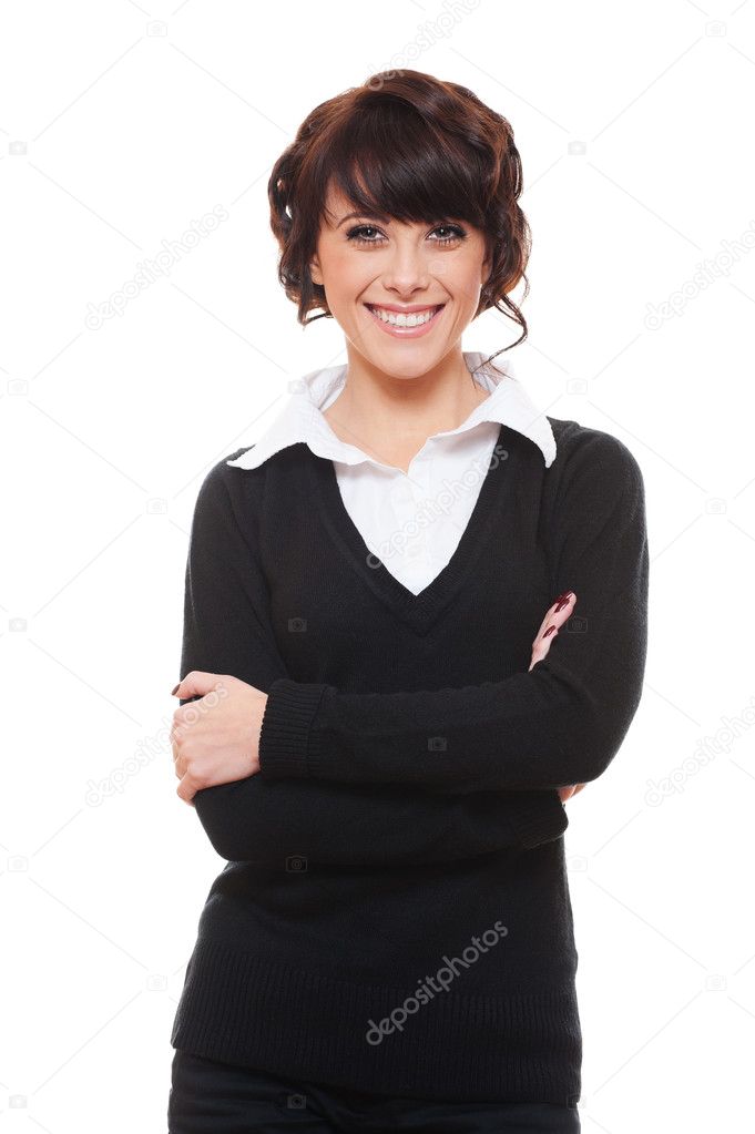 Smiley woman in white shirt and black pullover