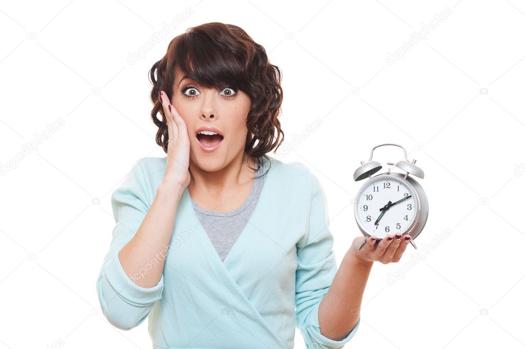 Portrait of shocked woman with alarm clock
