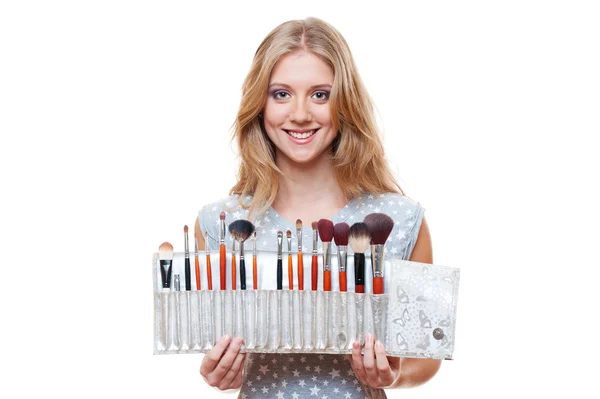Beautiful woman with brushes for make-up — Stock Photo, Image