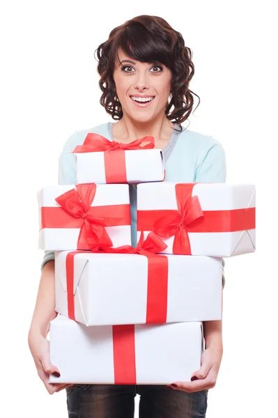 Mulher excitada segurando caixas de presente — Fotografia de Stock