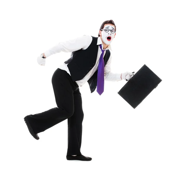 Mime with hand luggage running — Stock Photo, Image