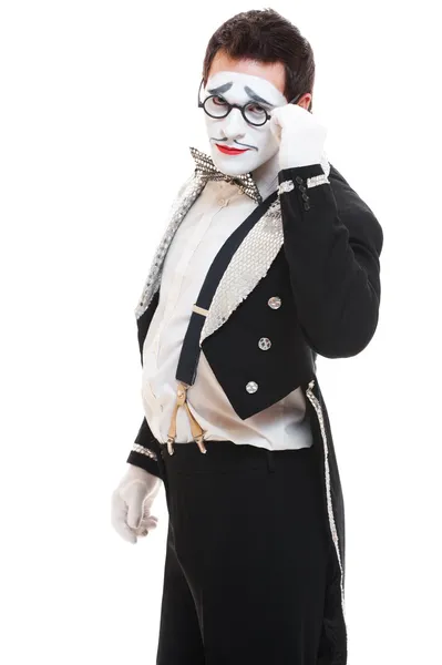 Porträt eines jungen Pantomimen auf Brille — Stockfoto