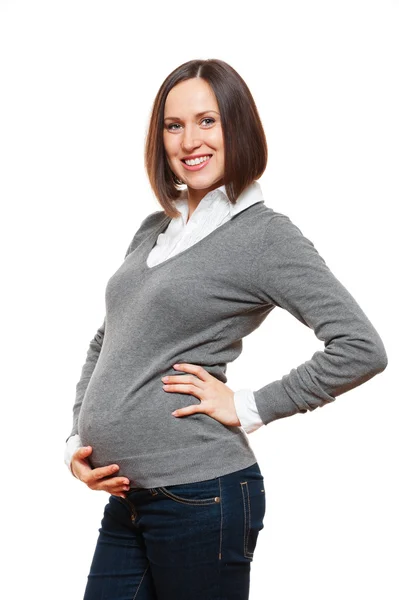 Mulher grávida em pulôver cinza — Fotografia de Stock
