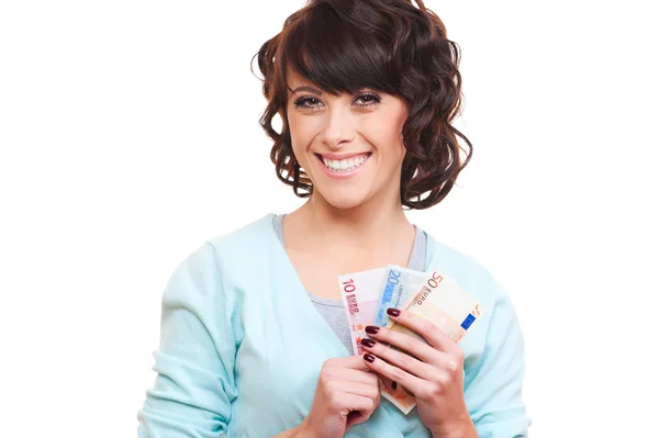 Sorridente giovane donna in possesso di euro — Foto Stock