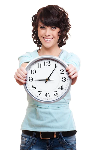 Smajlík mladá žena s hodinami Stock Snímky