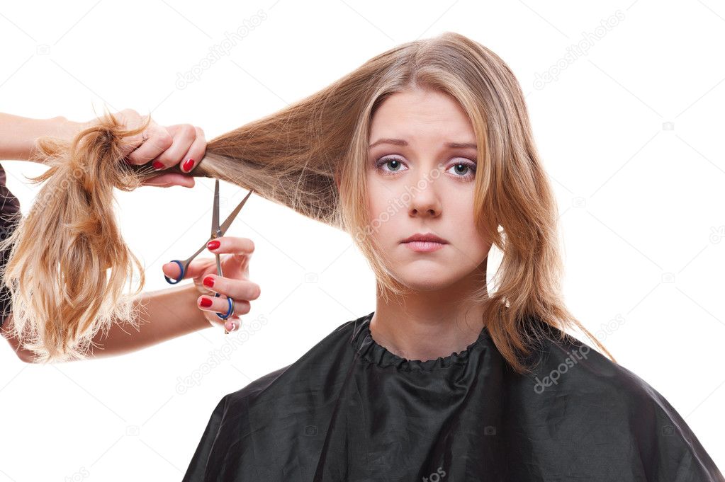 Sad model in hairdressing salon