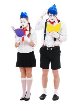 Portrait of reading mimes with books clipart