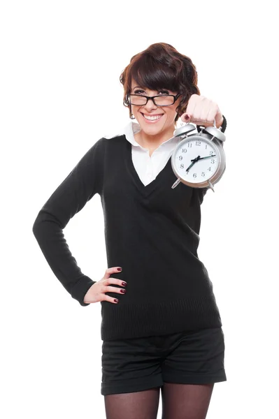Smiley businesswoman with alarm clock — Stock Photo, Image