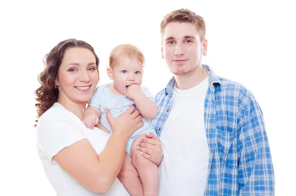 Família jovem sobre fundo branco — Fotografia de Stock