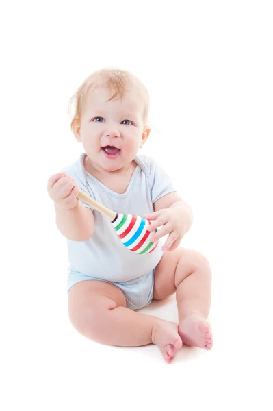 Little boy with toy over white background — Stock Photo, Image