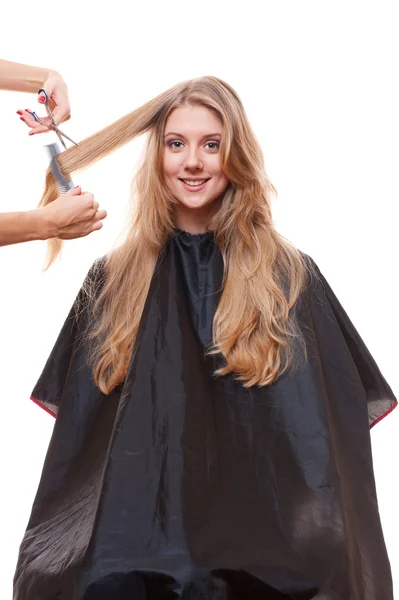 Veselý obličej žena a hairdreser — Stock fotografie