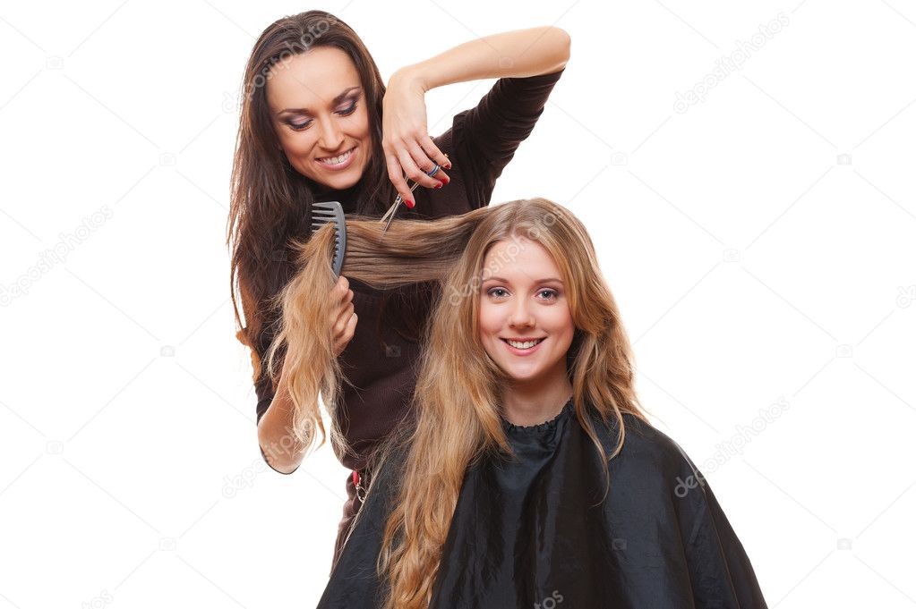 Studio picture of hairdresser and smiley woman