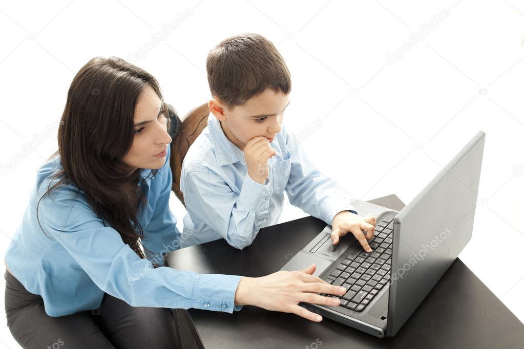 Mother and son with laptop