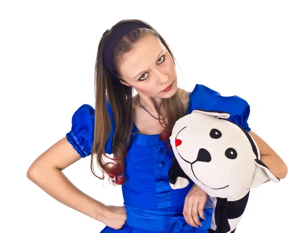 Девушка с игрушечной кошкой — стоковое фото