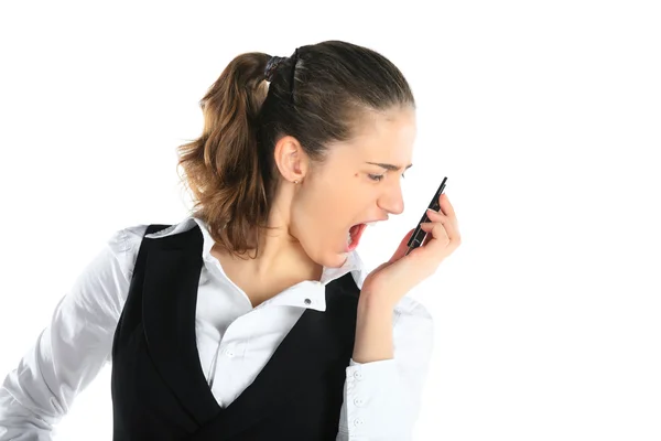 Μια γυναίκα φωνάζει σε ένα κινητό τηλέφωνο — Φωτογραφία Αρχείου