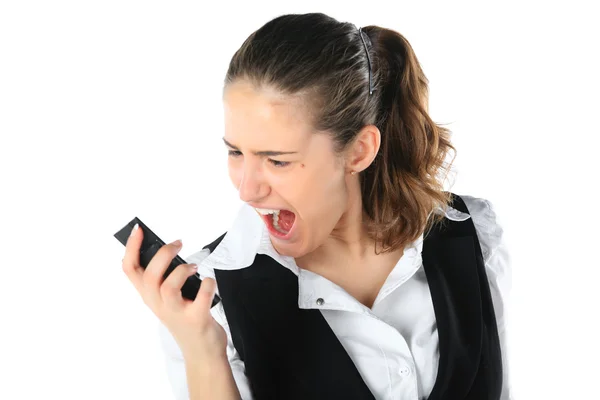 A woman shouting at a mobile phone — Stock Photo, Image