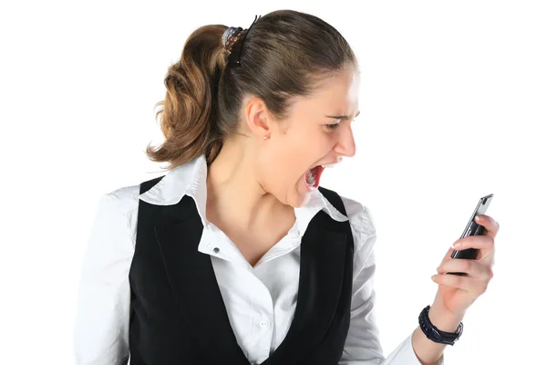 Μια γυναίκα φωνάζει σε ένα κινητό τηλέφωνο — Φωτογραφία Αρχείου