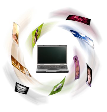 A laptop and digital pictures flying. clipart