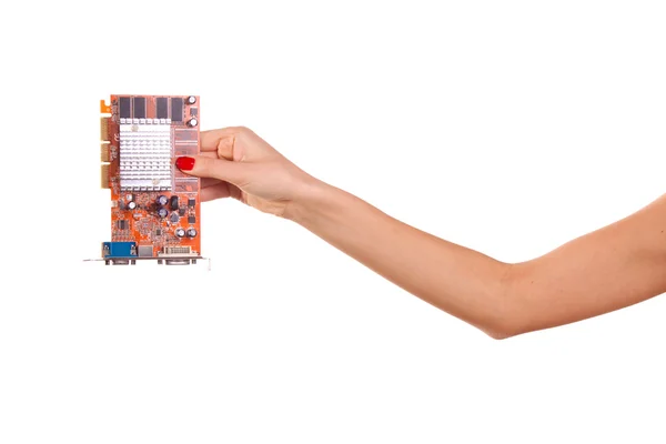 stock image Woman hand and video card.