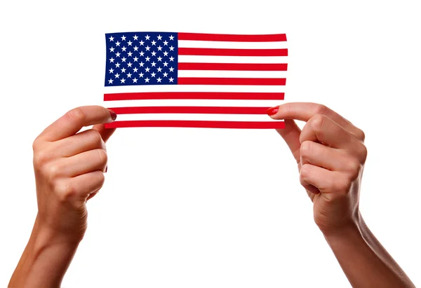 Αμερικανική σημαία και γυναίκα χέρια — Φωτογραφία Αρχείου