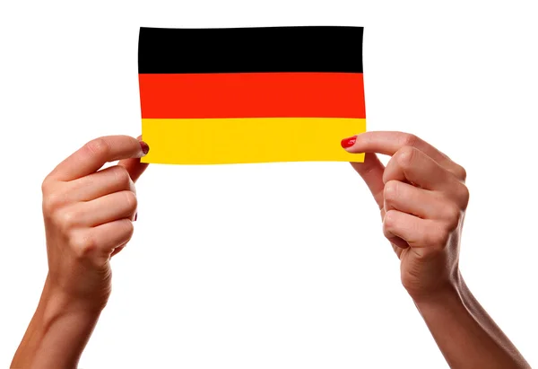 Alemanha bandeira e mulher mãos — Fotografia de Stock