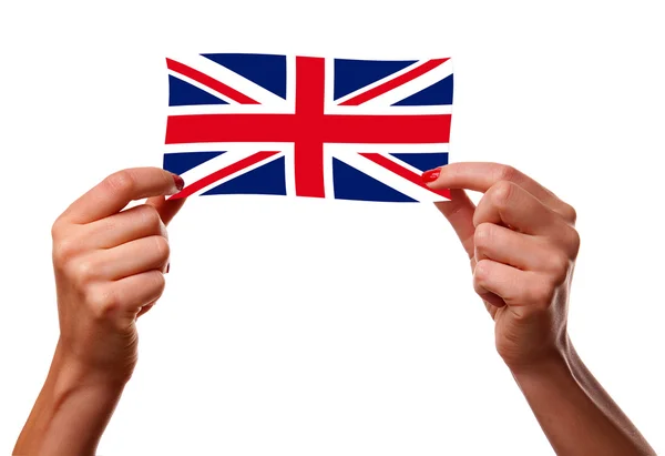 Bandiera britannica e mani di donna — Foto Stock