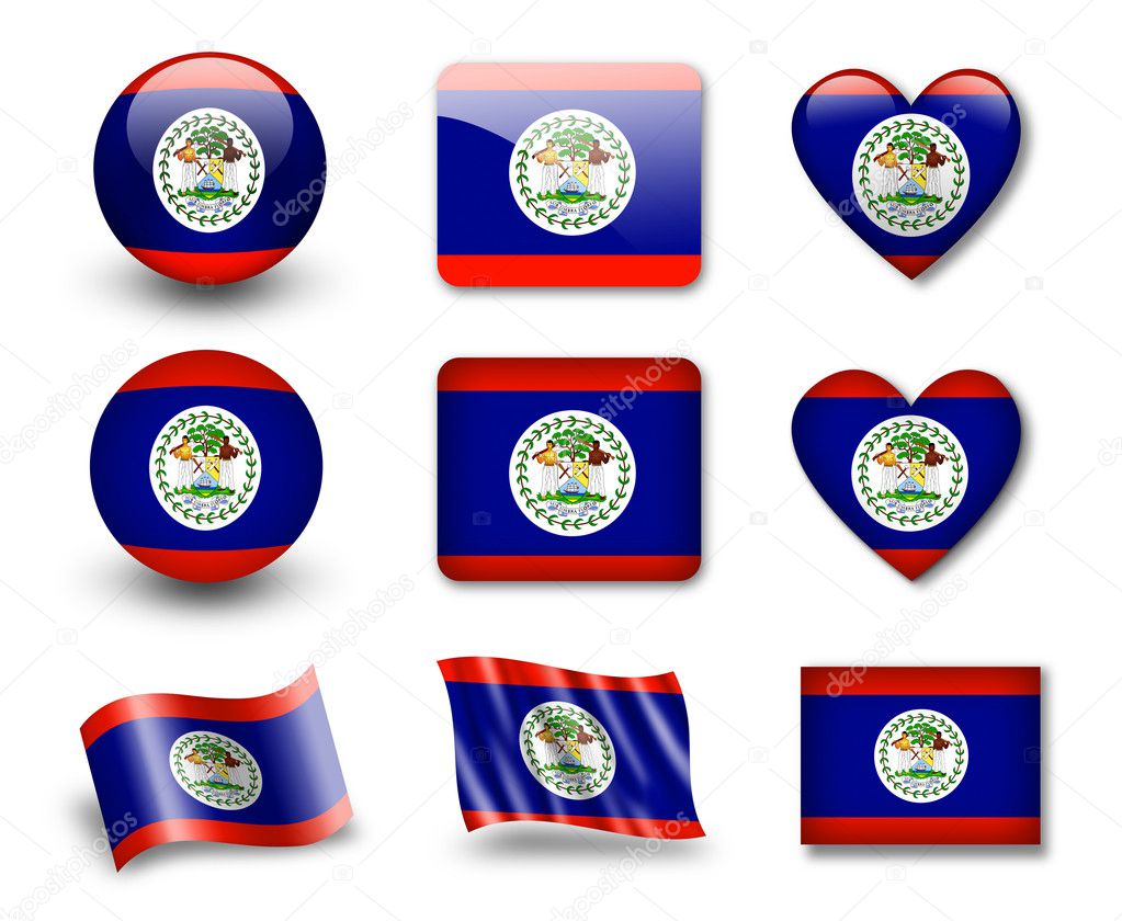 The Belize flag - set of icons and flags. glossy and matte on a white background.