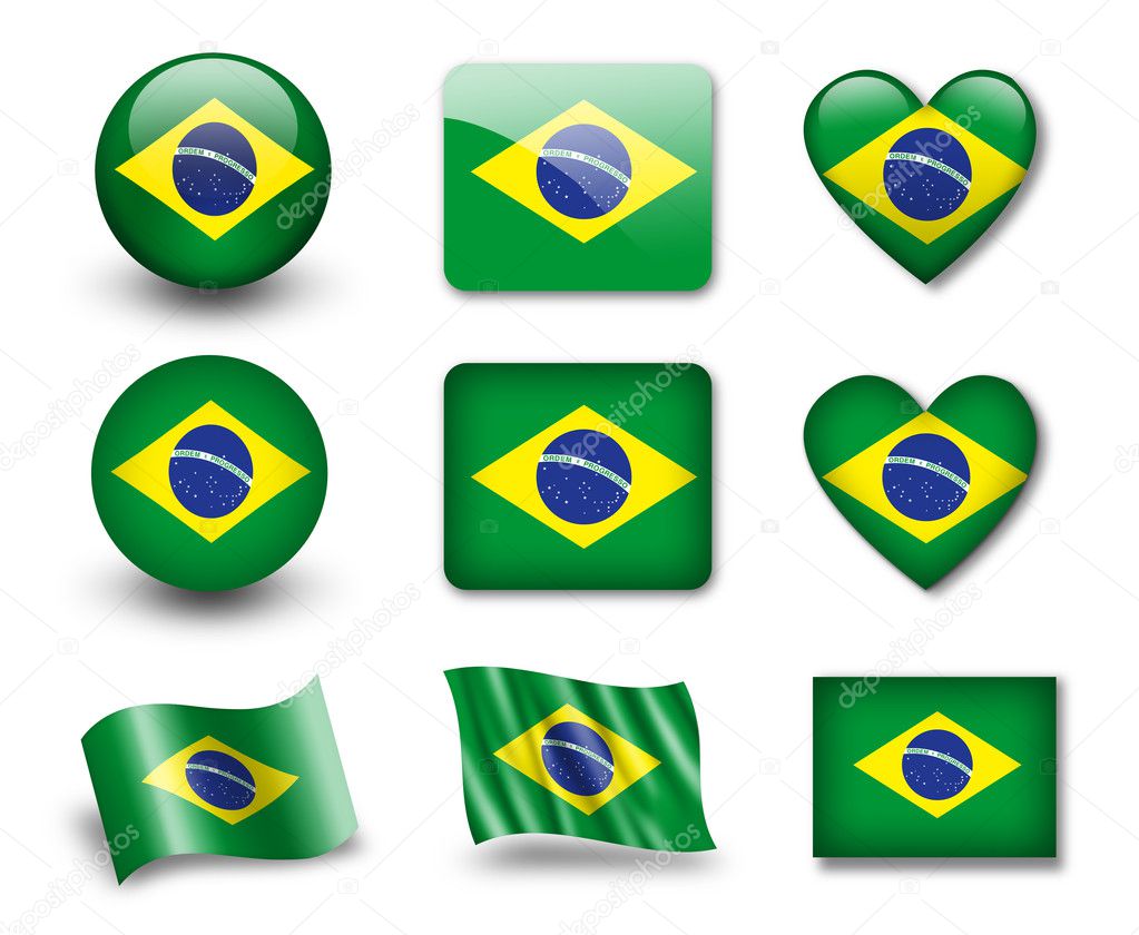 The Brazilian flag - set of icons and flags. glossy and matte on a white background.