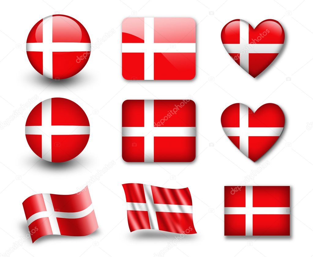 The Danish flag - set of icons and flags. glossy and matte on a white background.
