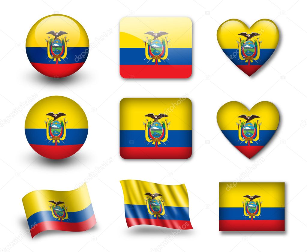 The Ecuador flag - set of icons and flags. glossy and matte on a white background.