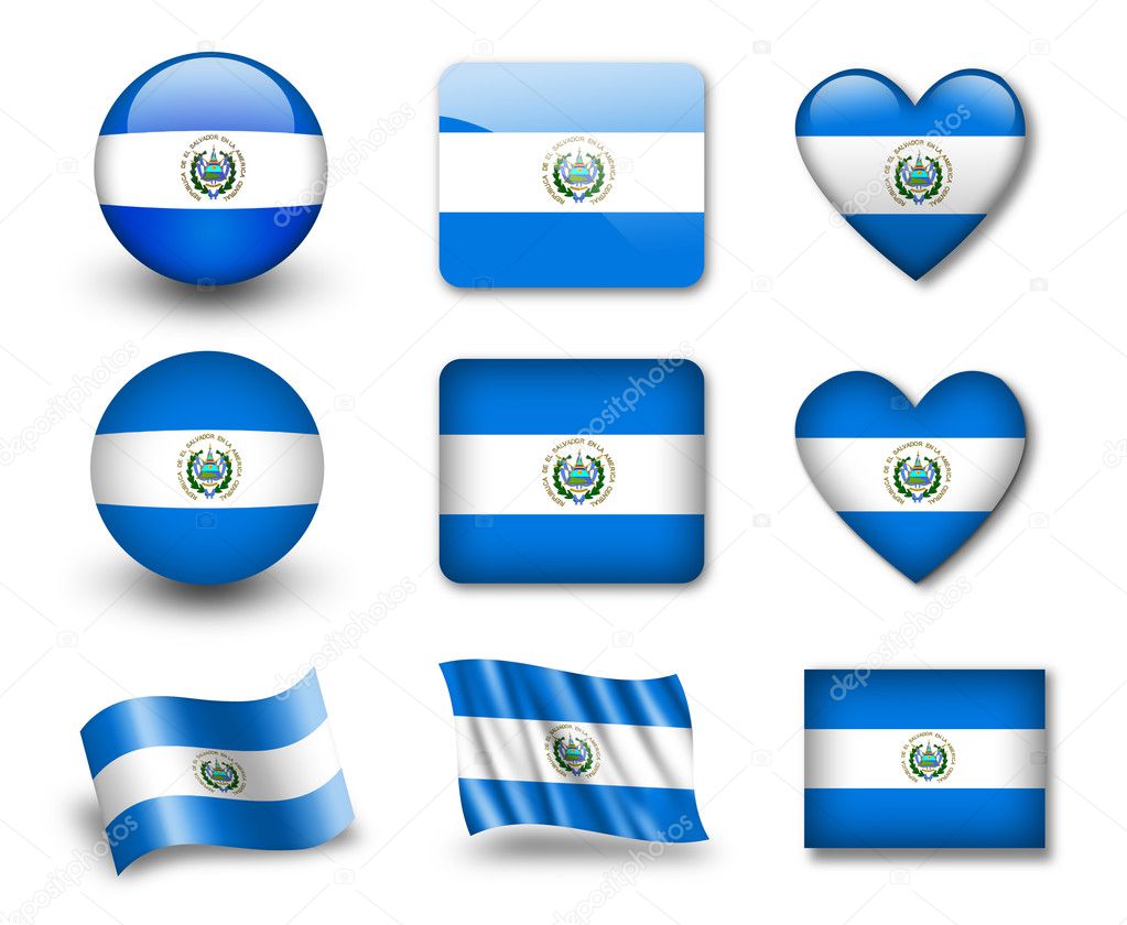 The Salvador flag - set of icons and flags. glossy and matte on a white background.