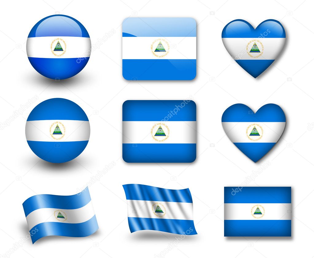 The Nicaragua flag - set of icons and flags. glossy and matte on a white background.