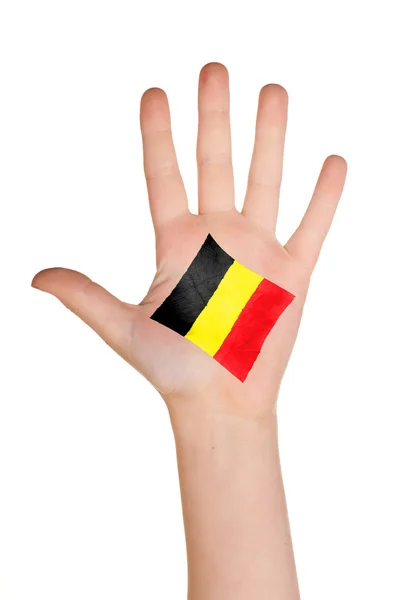 Bandeira belga pintada na palma da mão . — Fotografia de Stock