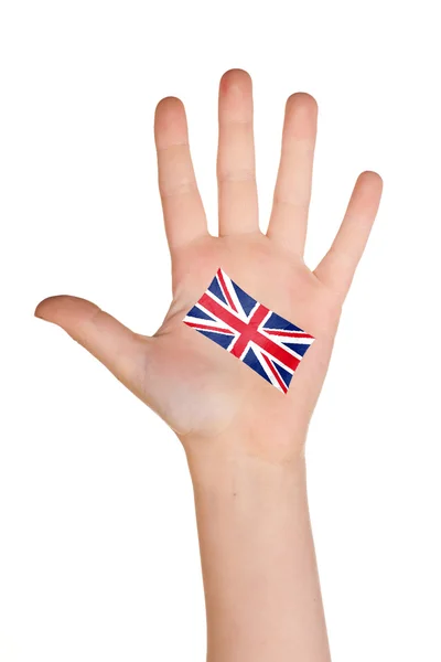 A bandeira britânica pintada na palma da mão . — Fotografia de Stock
