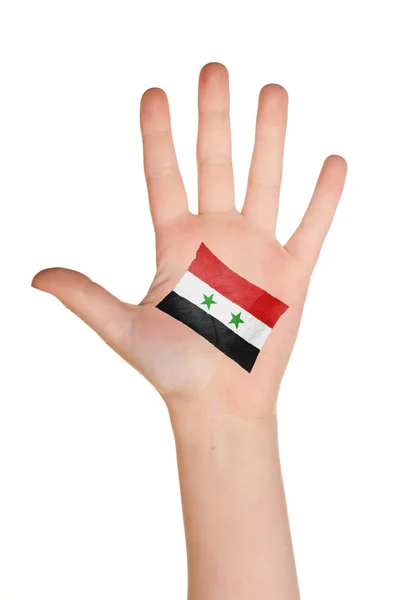 A bandeira da Síria pintada na palma da mão . — Fotografia de Stock