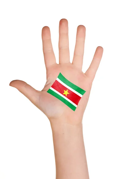 The Surinam flag painted on the palm. — Stock Photo, Image