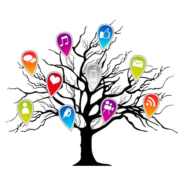 Árbol con iconos de redes sociales — Vector de stock