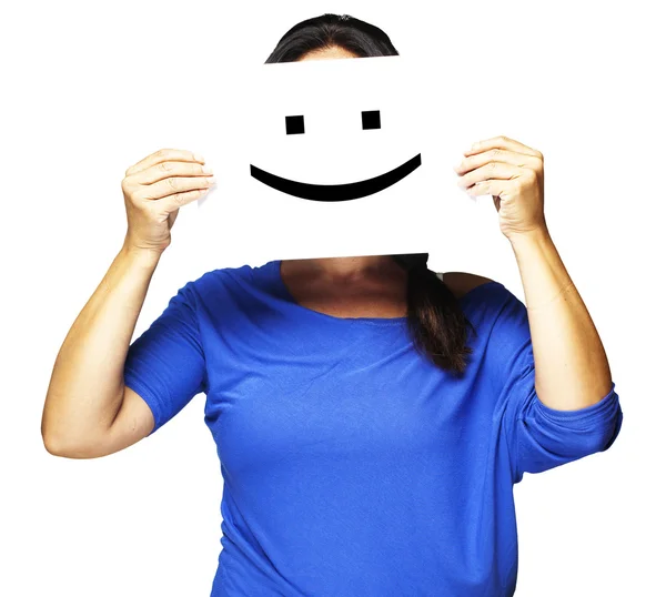 Mujer con emoticono feliz — Foto de Stock
