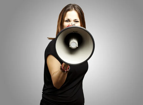 Žena s megafonem — Stock fotografie